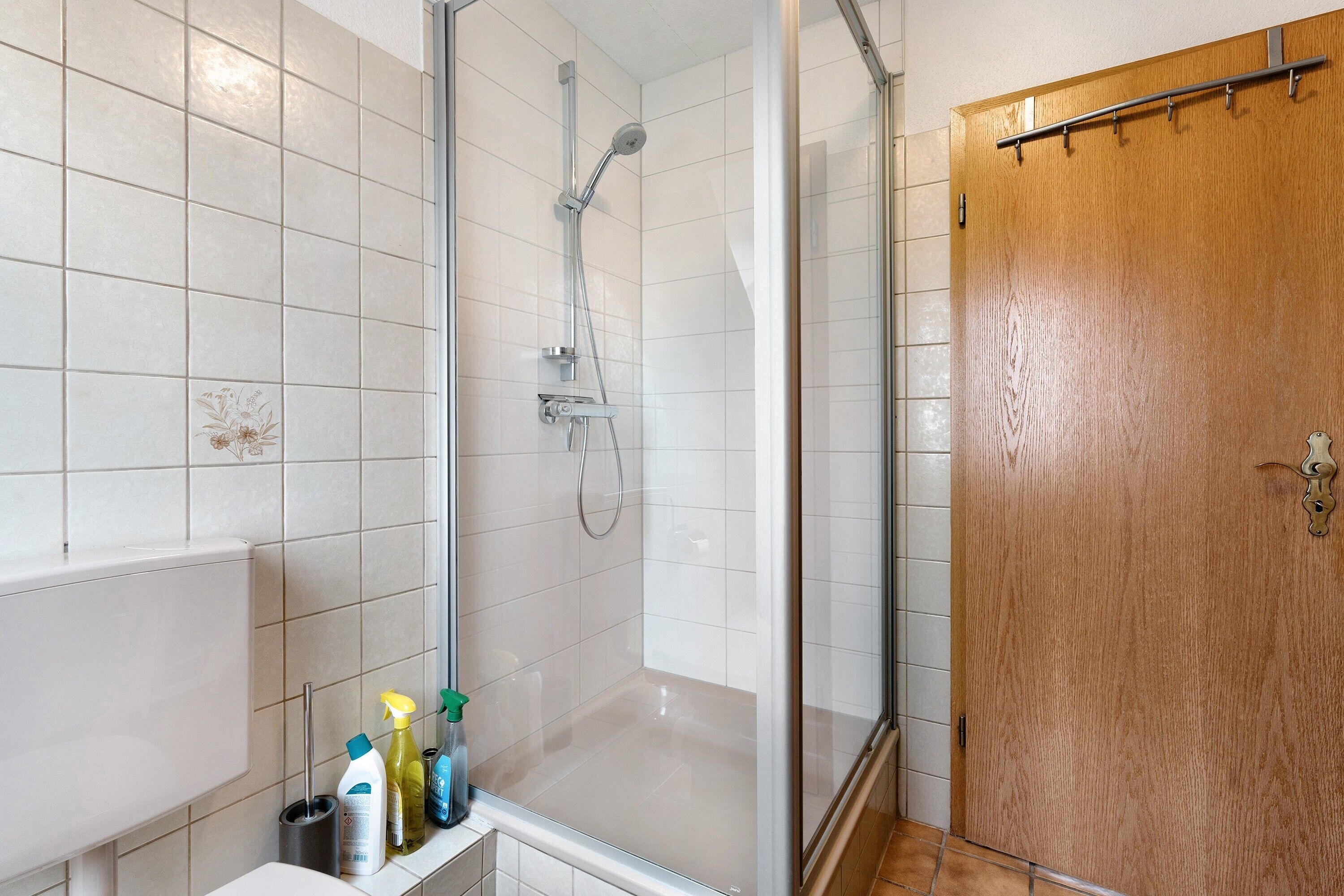 Eine Dusche mit Glastür, Holztür und gefliesten Wänden.