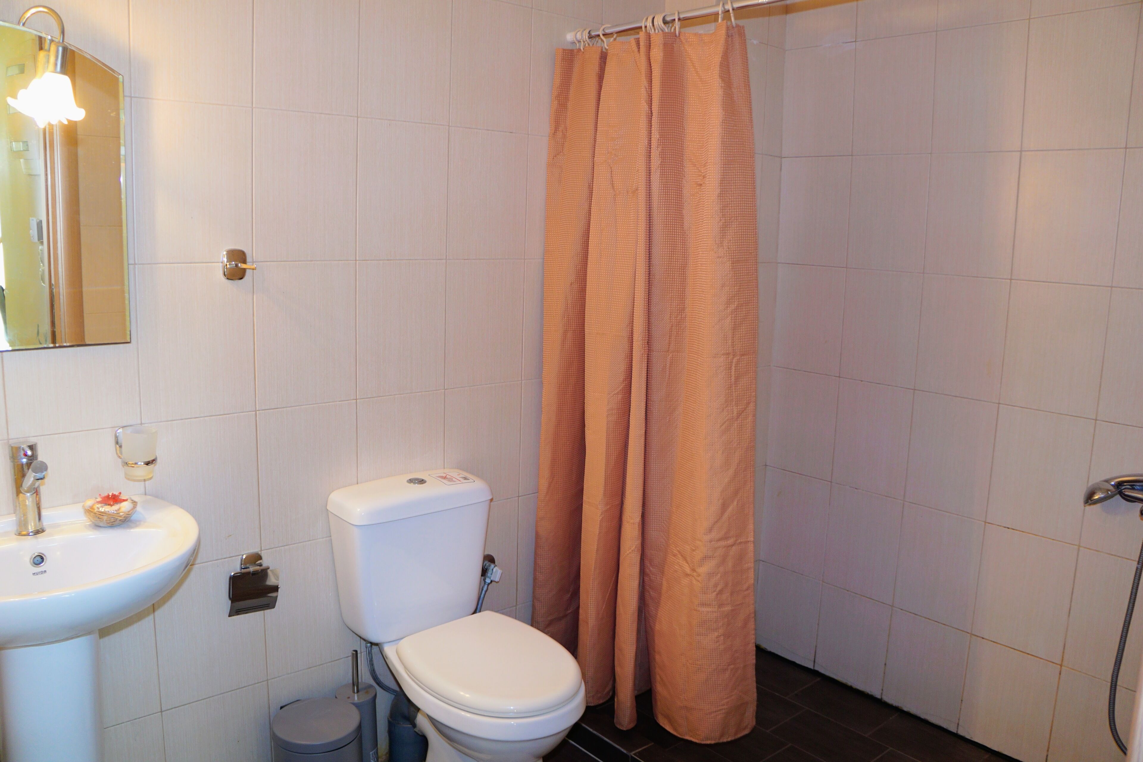 Ein Badezimmer mit Toilette, Waschbecken und Duschvorhang.