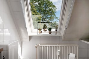 A skylight with three potted plants, a white radiator, and a window with a view of trees.