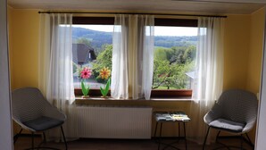 A room with two chairs, a radiator, and a window with curtains.