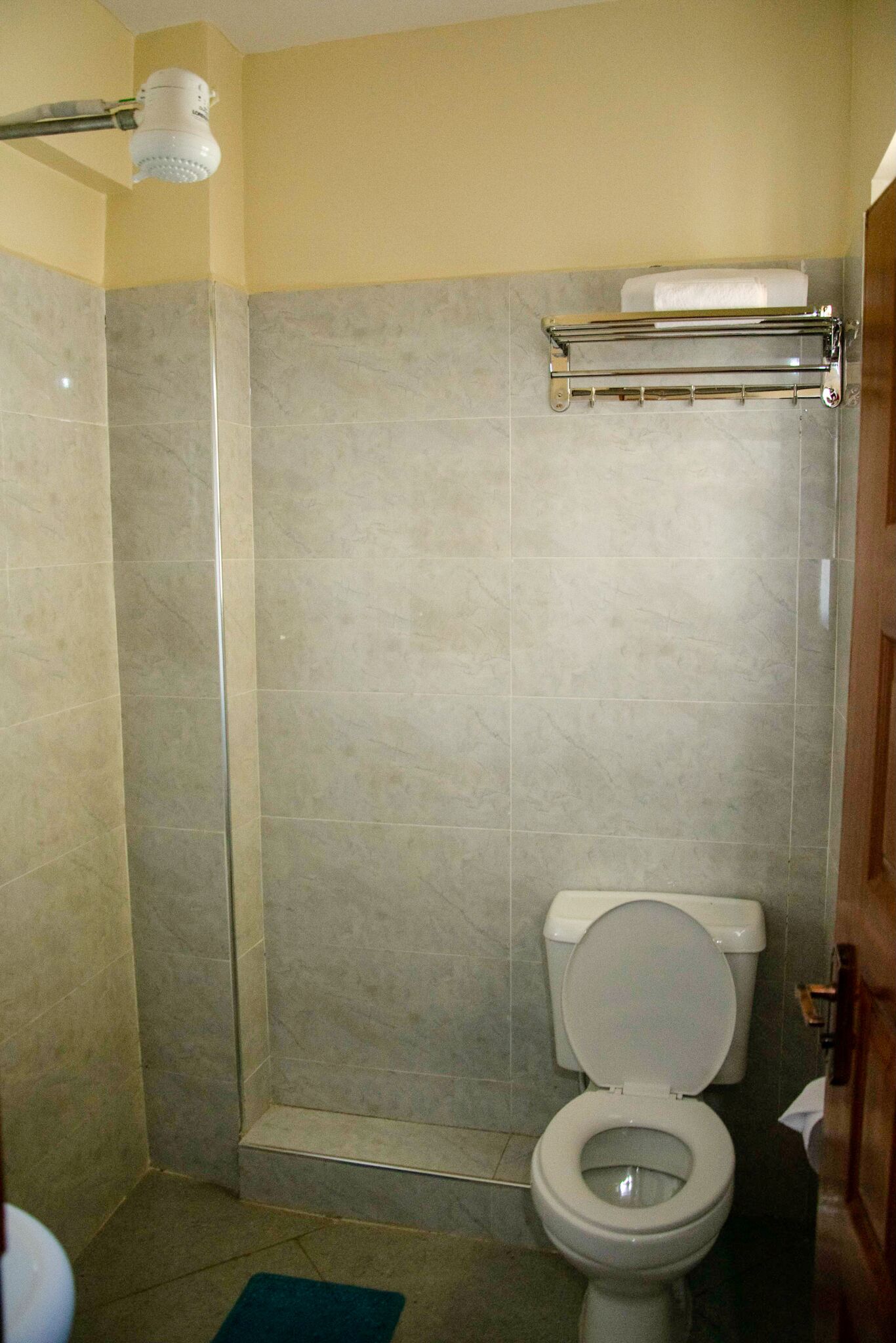 A bathroom with a toilet, shower, and a towel rack.