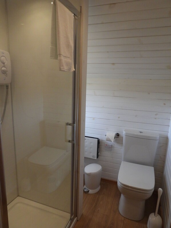 Une salle de bain avec une douche à parois de verre, des toilettes et un bidet.
