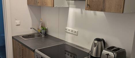 Frigorífico, microondas, horno y placa de cocina