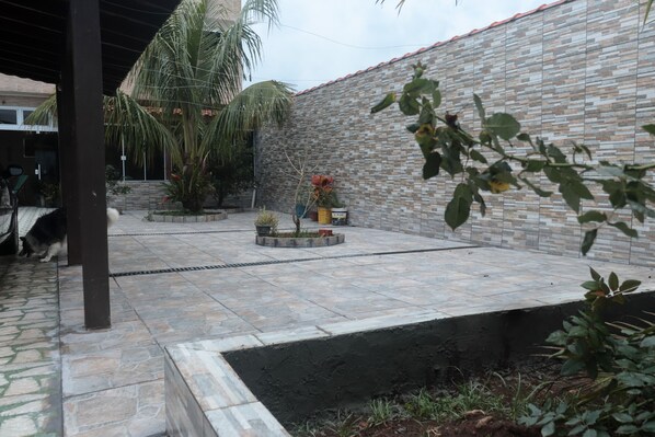 A courtyard with a brick wall, palm trees, and a small garden area with potted plants.