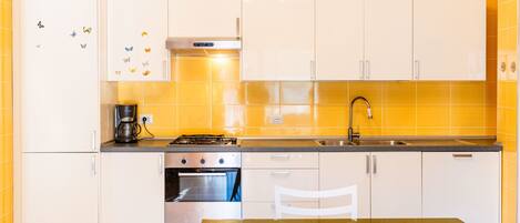 Fridge, oven, dishwasher, cookware/dishes/utensils