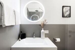 Shower, hair dryer, towels