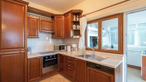 A kitchen with wooden cabinets, a dishwasher, a stove, and a window with a view of the outside. - Beautiful Holiday Villa Natura with swimming pool and magnificent sea view! (Orebic)