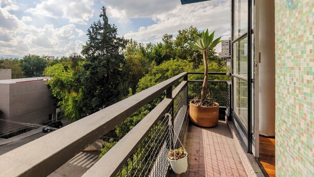 A balcony with a potted plant, a view of greenery, and a building with a tiled wall.