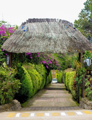 A pathway leading to a thatched-roof structure surrounded by lush greenery and flowering plants. - Peace of Mind Resthouse (Mbeya)