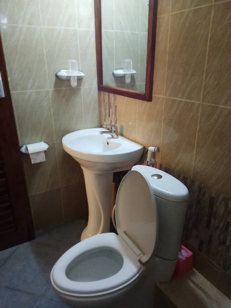 Un baño con inodoro, lavabo y espejo.