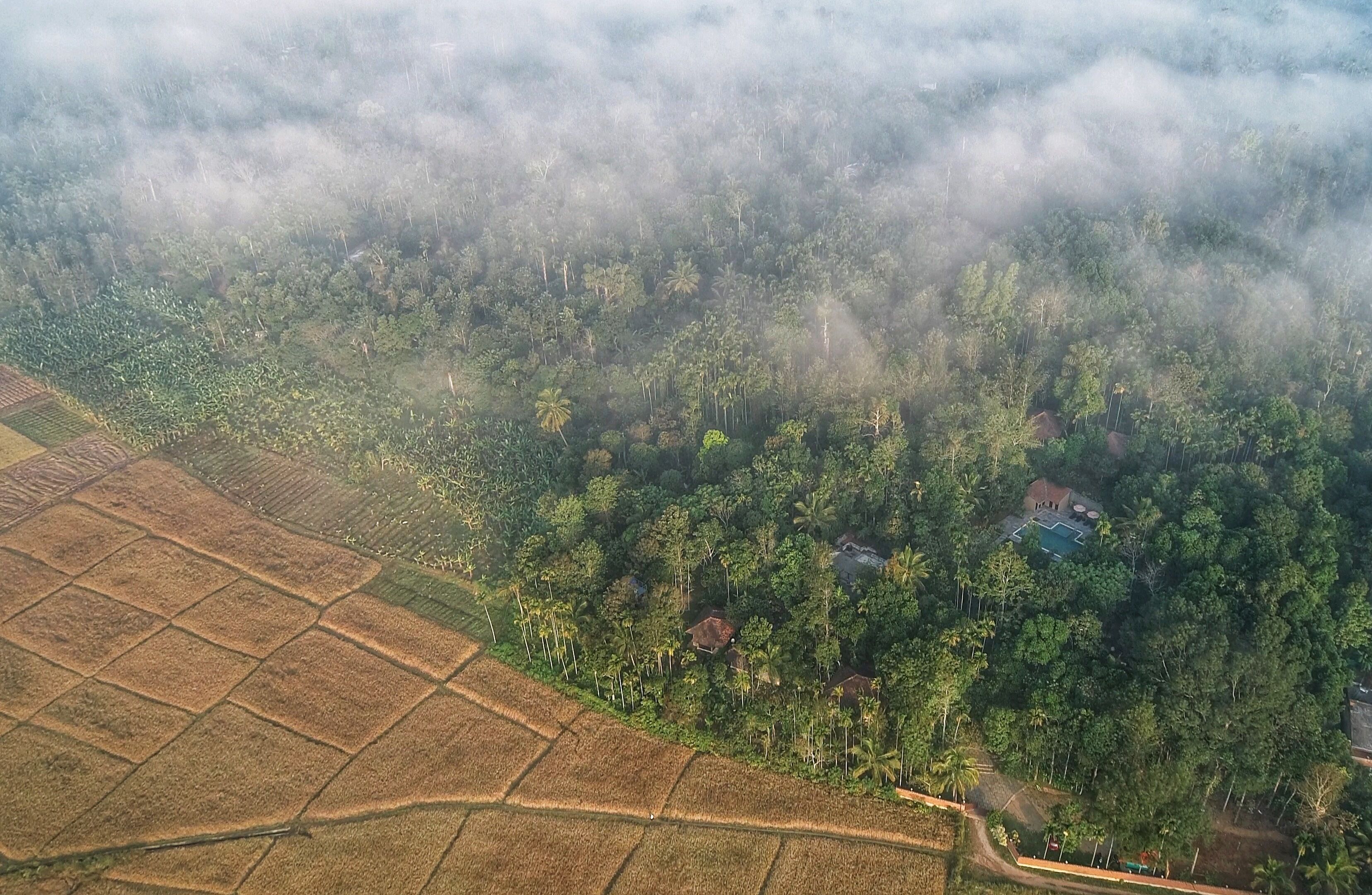 Vista aérea de un paisaje rural con campos, árboles y casas dispersas.