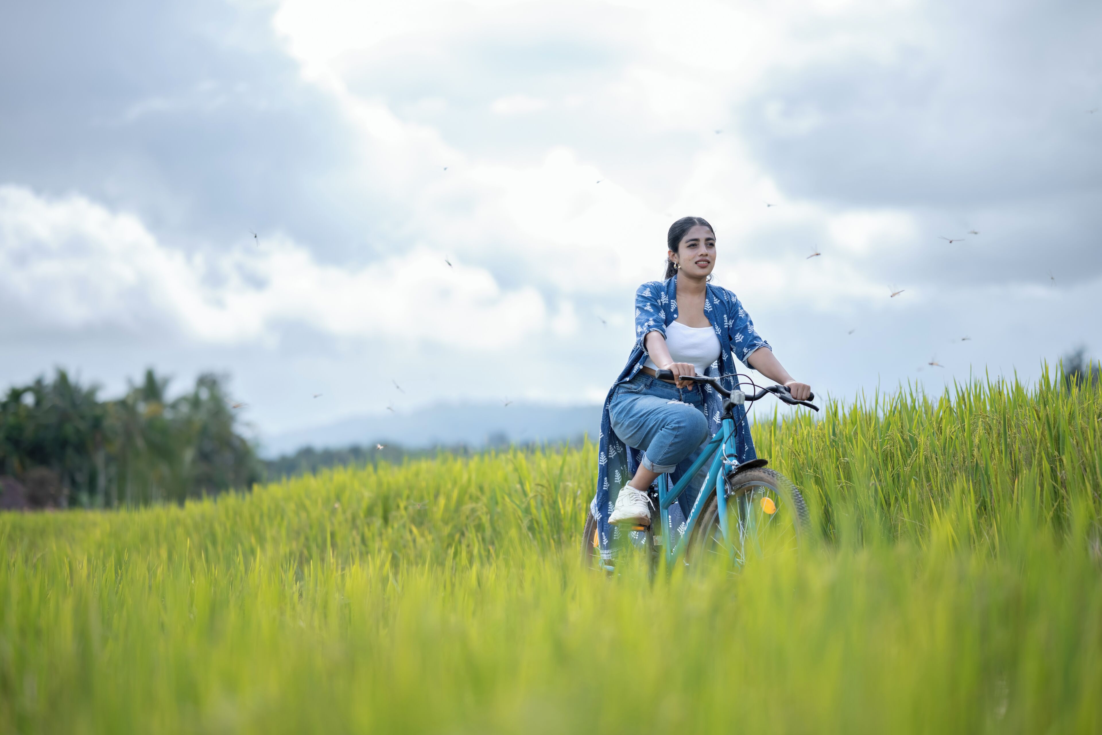 A person riding a bicycle through a field of tall grass.