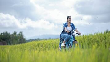 A person riding a bicycle through a field of tall grass.