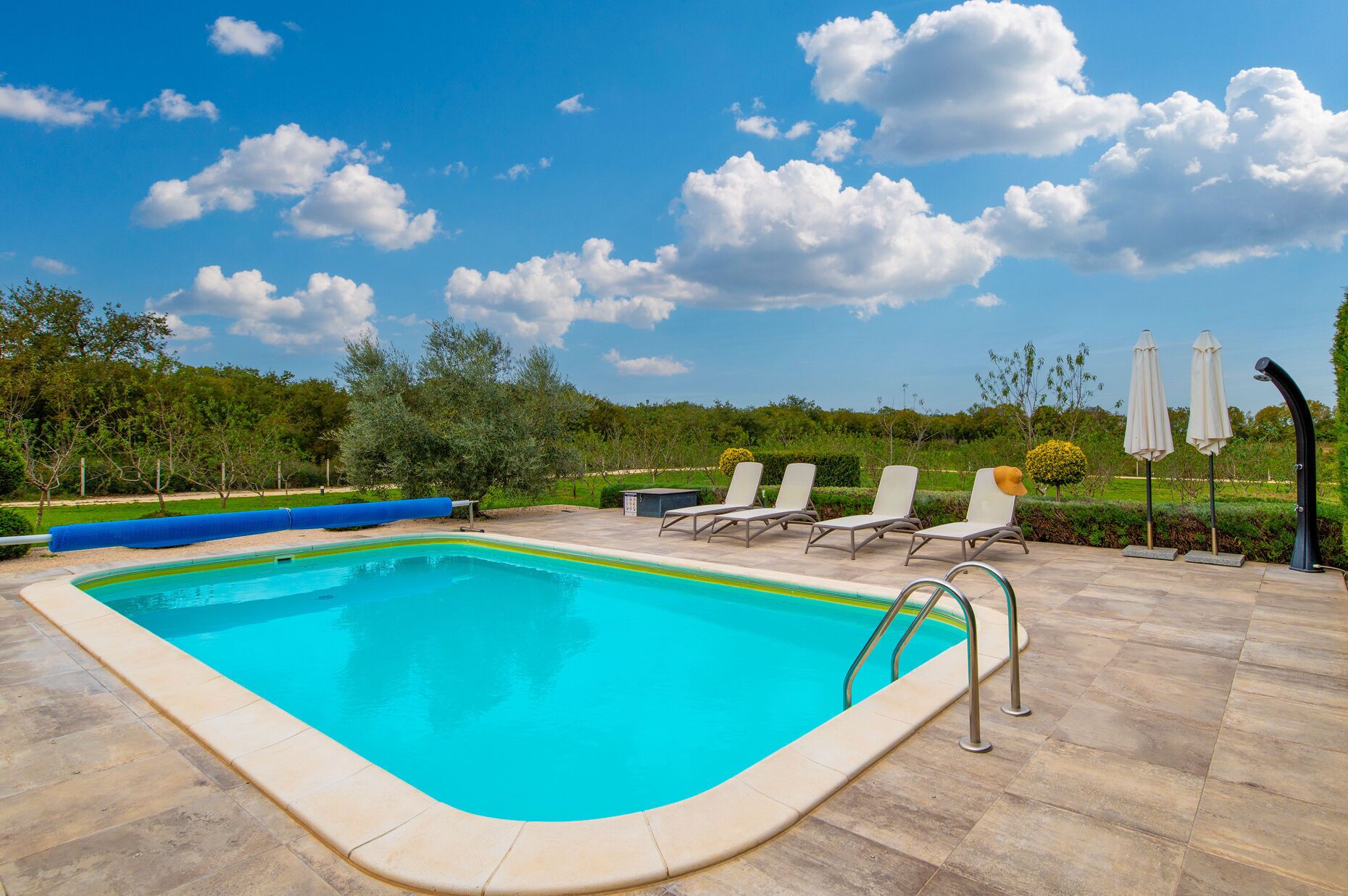 Piscina rectangular con solárium alicatado, rodeada de sillas de descanso y sombrillas, con árboles y cielo despejado de fondo.