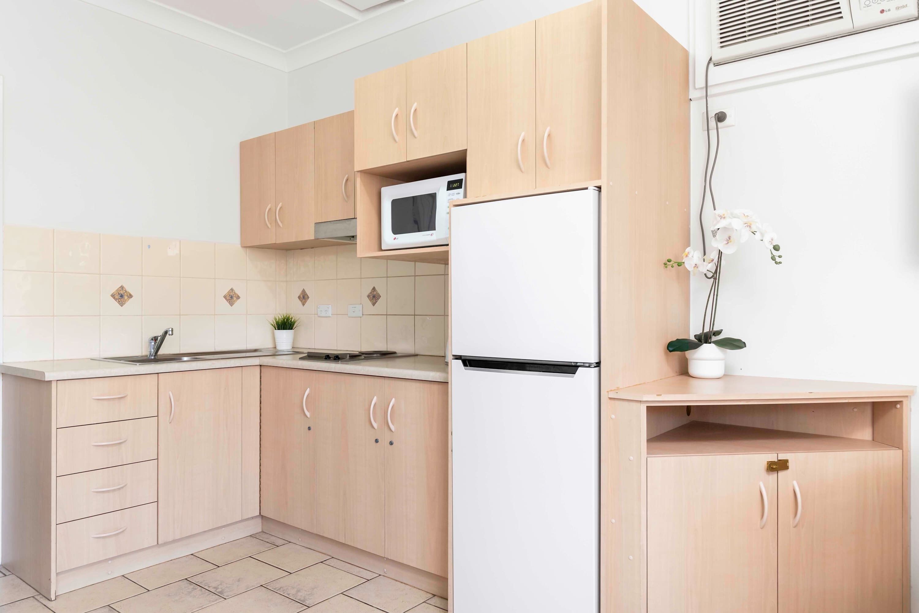 Fridge, microwave, stovetop, electric kettle