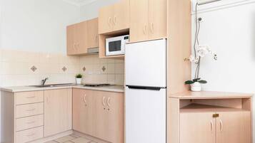 Fridge, microwave, stovetop, electric kettle