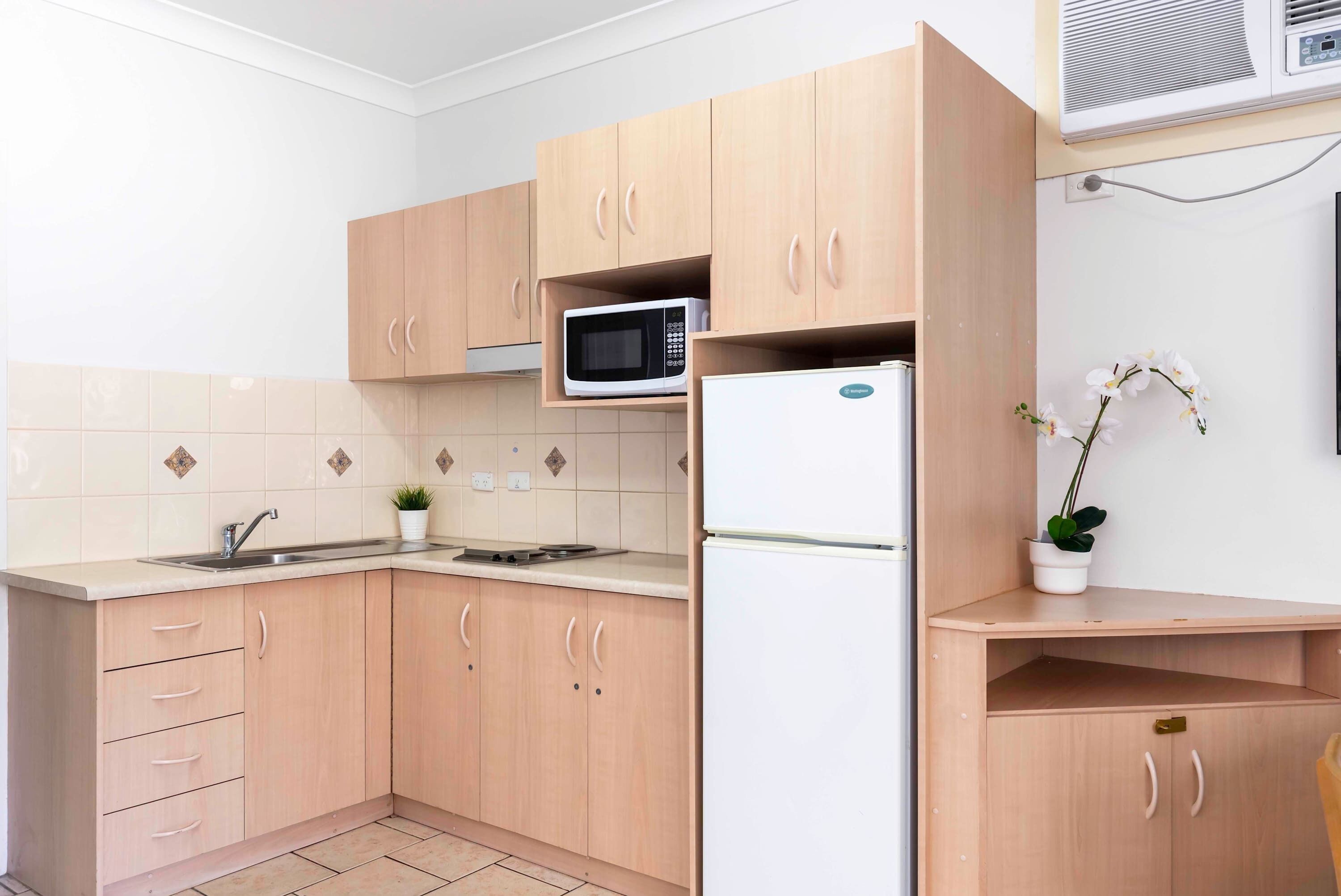 Fridge, microwave, stovetop, electric kettle