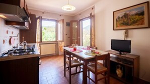A kitchen with a dining table, chairs, a stove, and a television. - Three-room apartment Villa Paola in Rio Marina (Rio Marina)