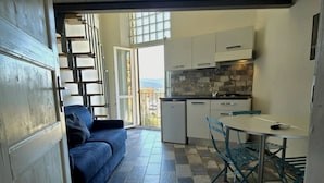 A compact kitchen with a dining area, a sofa, and a view through an open door.