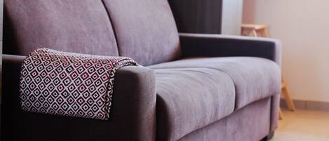Un salon moderne avec un canapé de couleur foncée et un coussin décoratif à motifs.