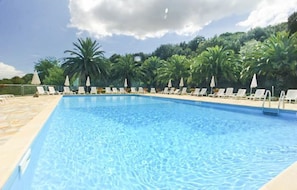 Una piscina con sillas de descanso y sombrillas, rodeada de palmeras y un cielo despejado.