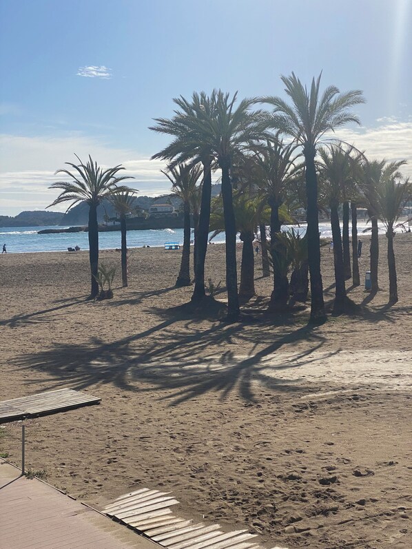 على الشاطئ، كراسي للتشمس، مناشف للشاطئ