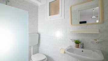 A bathroom with a toilet, sink, and mirror.