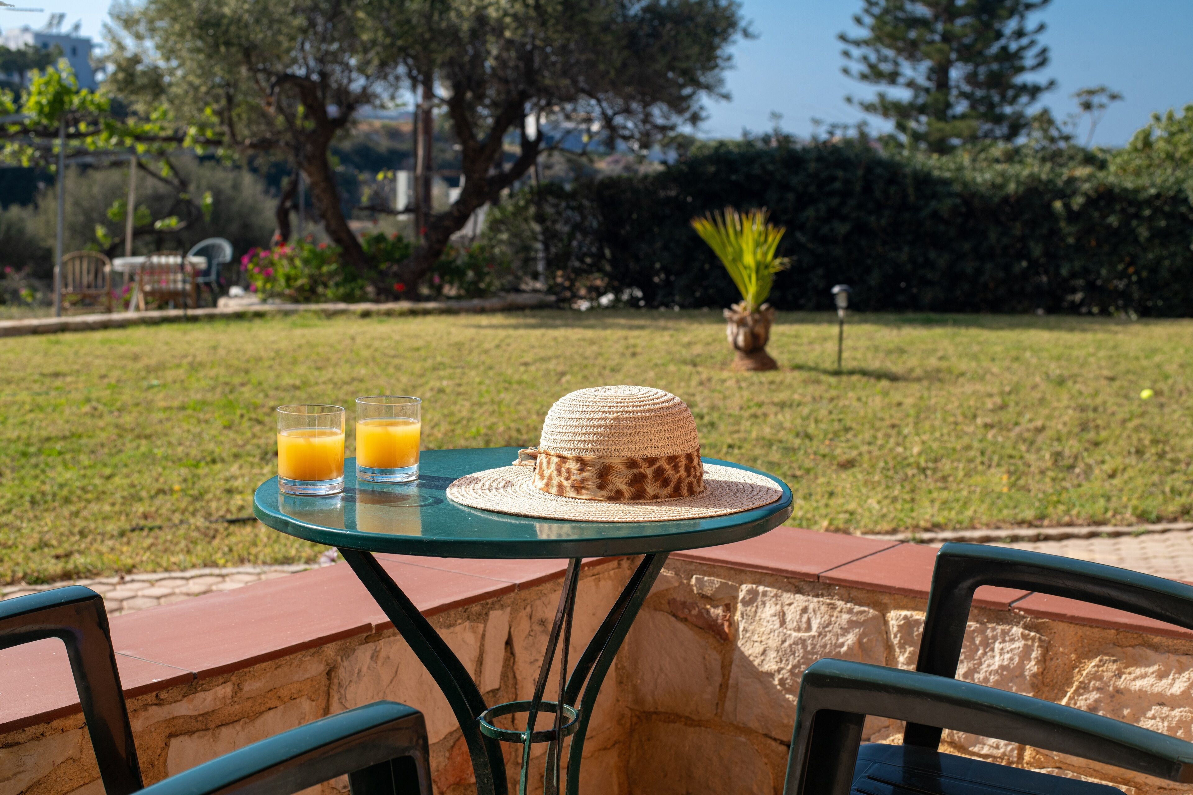 Una mesa con dos vasos de jugo de naranja, un sombrero tejido y una planta en maceta en un jardín.