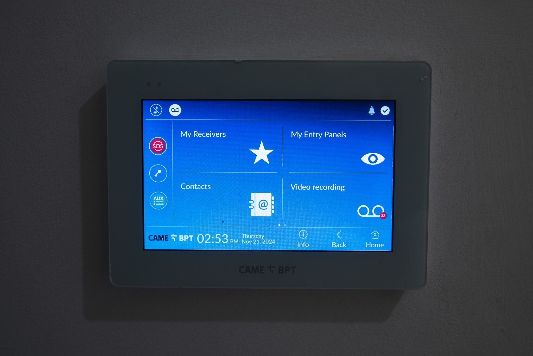 A digital device displaying a video call interface with options for 'My Receivers', 'Contacts', 'Video recording', and 'My Entry Panels'.