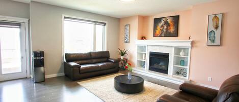 Smart TV, fireplace, video games, DVD player