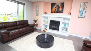 Smart TV, fireplace, video games, DVD player