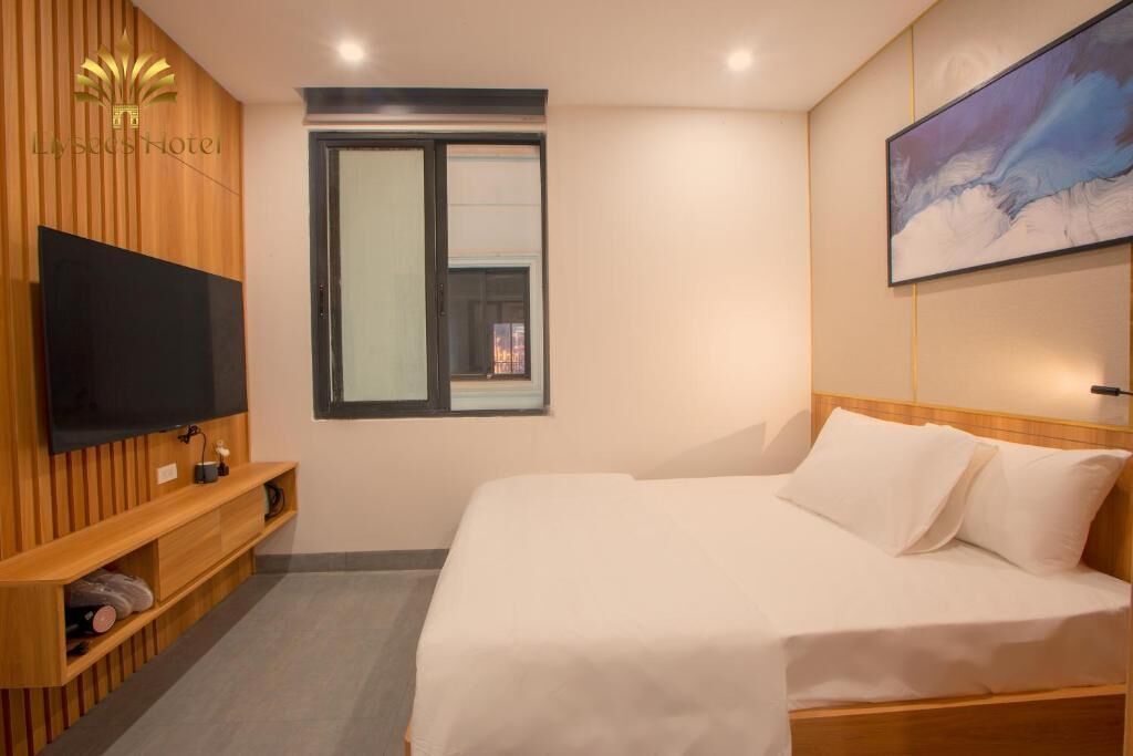 Une chambre d’hôtel avec un lit, un téléviseur fixé sur un panneau en bois, une fenêtre et un tableau au mur.