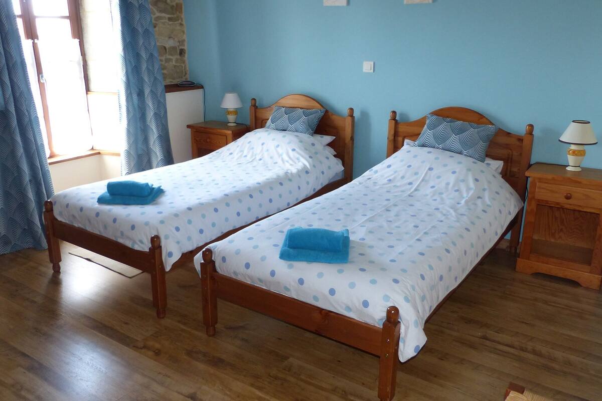 Une chambre avec deux lits en bois, chacun accompagné d’une table de chevet assortie et d’une lampe.