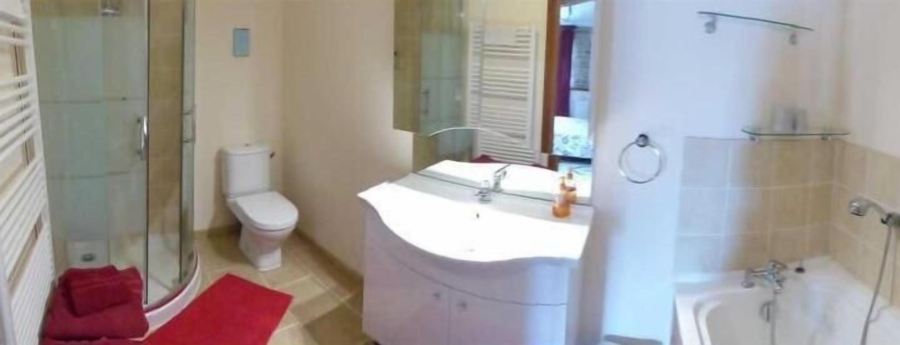 A bathroom with a glass shower enclosure, a white sink with a mirror above it, and a toilet.