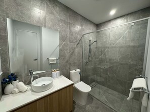 Shower, hair dryer, towels