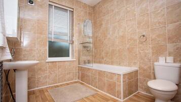 Shower, hair dryer, shampoo
