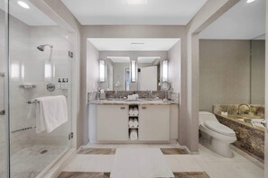 Shower, hair dryer, towels