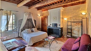 Une chambre à coucher avec un lit, une télévision, une cheminée, une armoire et une fenêtre avec des rideaux.