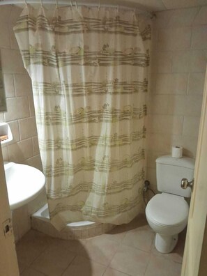 Bathroom features a shower curtain, toilet, and sink with a mirror.