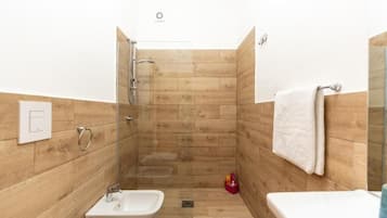 Shower, hair dryer, bidet, towels