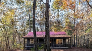 A cabin with a red roof surrounded by trees. - Shadows Nest - Unique, Rustic-Modern Design with Local Art (Sautee)