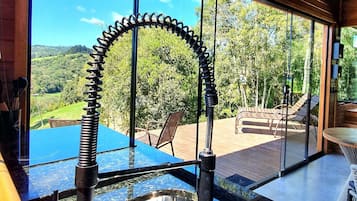 Honeymoon Cabin, Jetted Tub, Mountain View | Private kitchen | Fridge, oven, stovetop, electric kettle