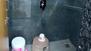 A bathroom with a shower, a toilet, and a small stool. - Jainsite (Palitana)
