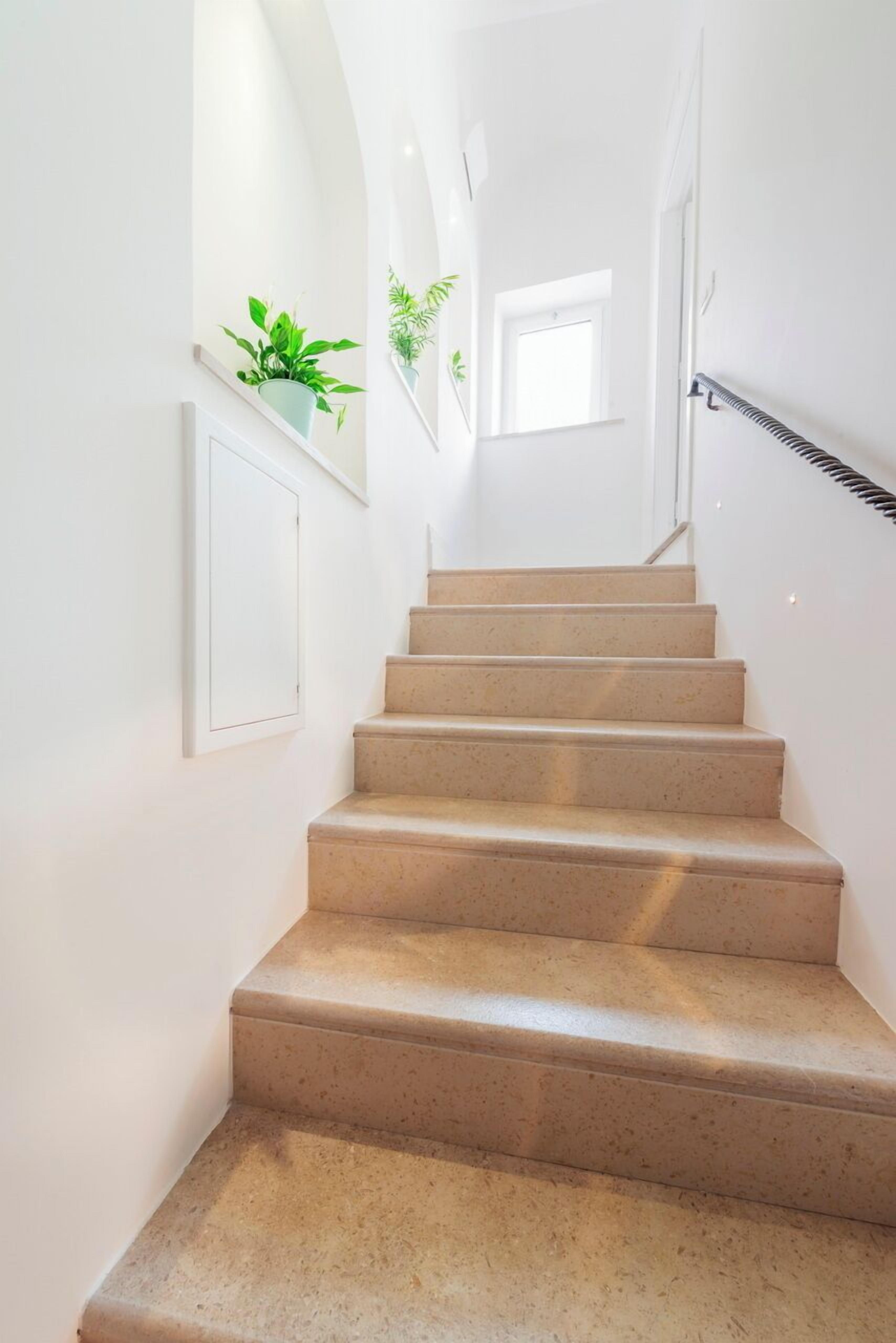 A staircase with beige steps, white walls, and potted plants on the landing.