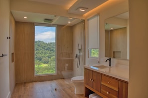 Shower, hair dryer, towels