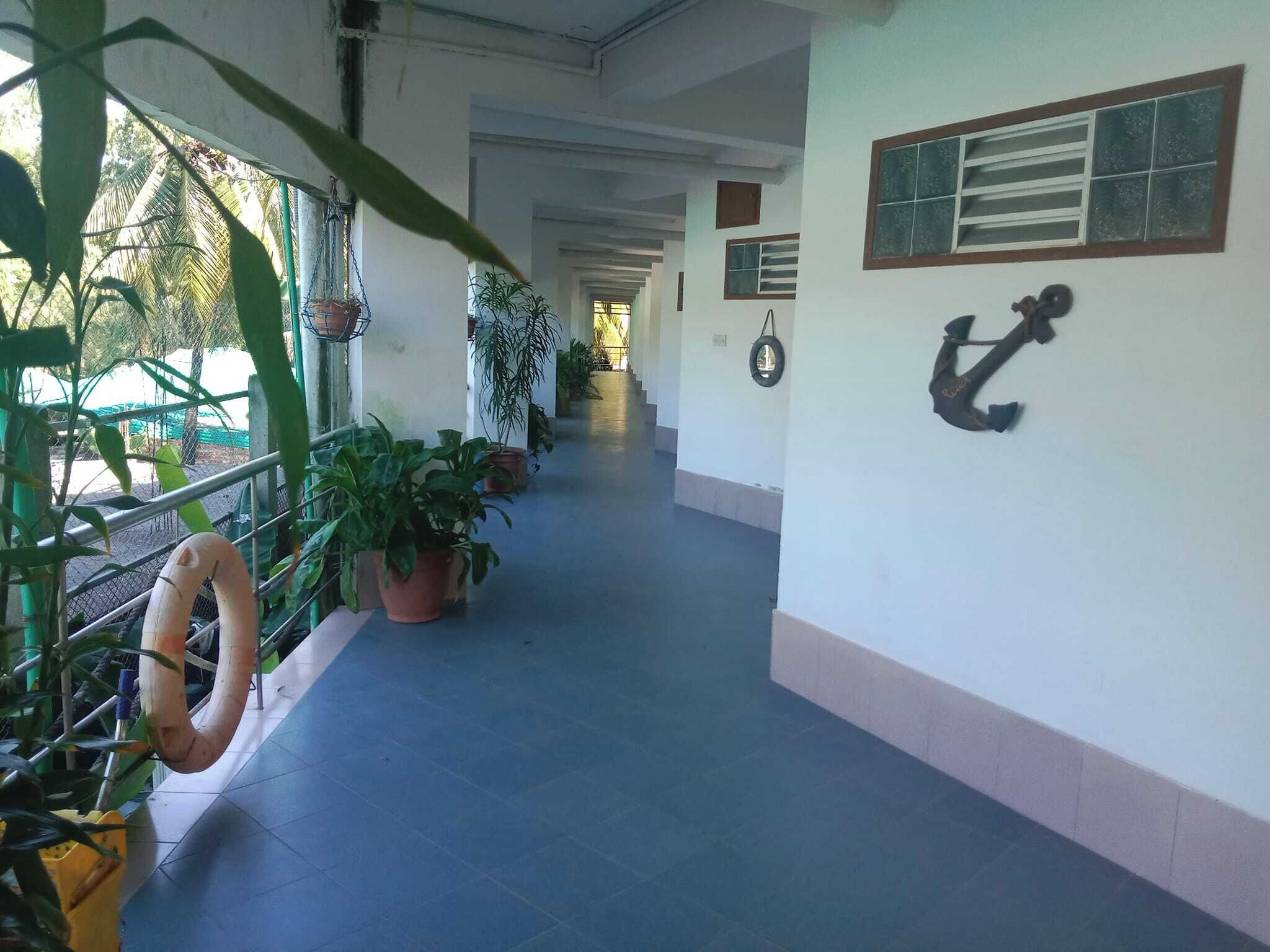 Un pasillo con plantas en macetas, un flotador salvavidas y un ancla fijada a la pared.