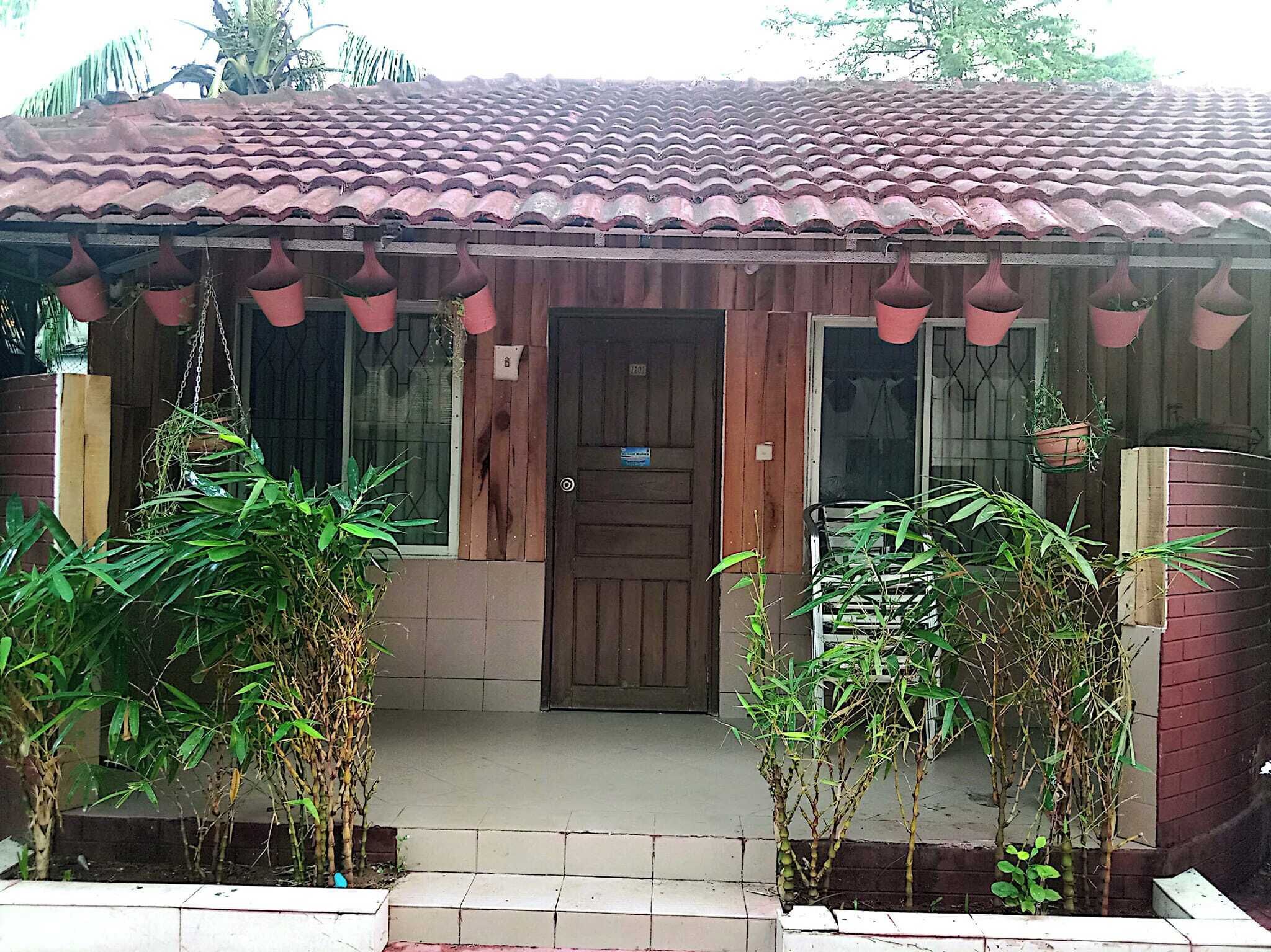 A small house with a tiled roof, a wooden door, and potted plants in front.