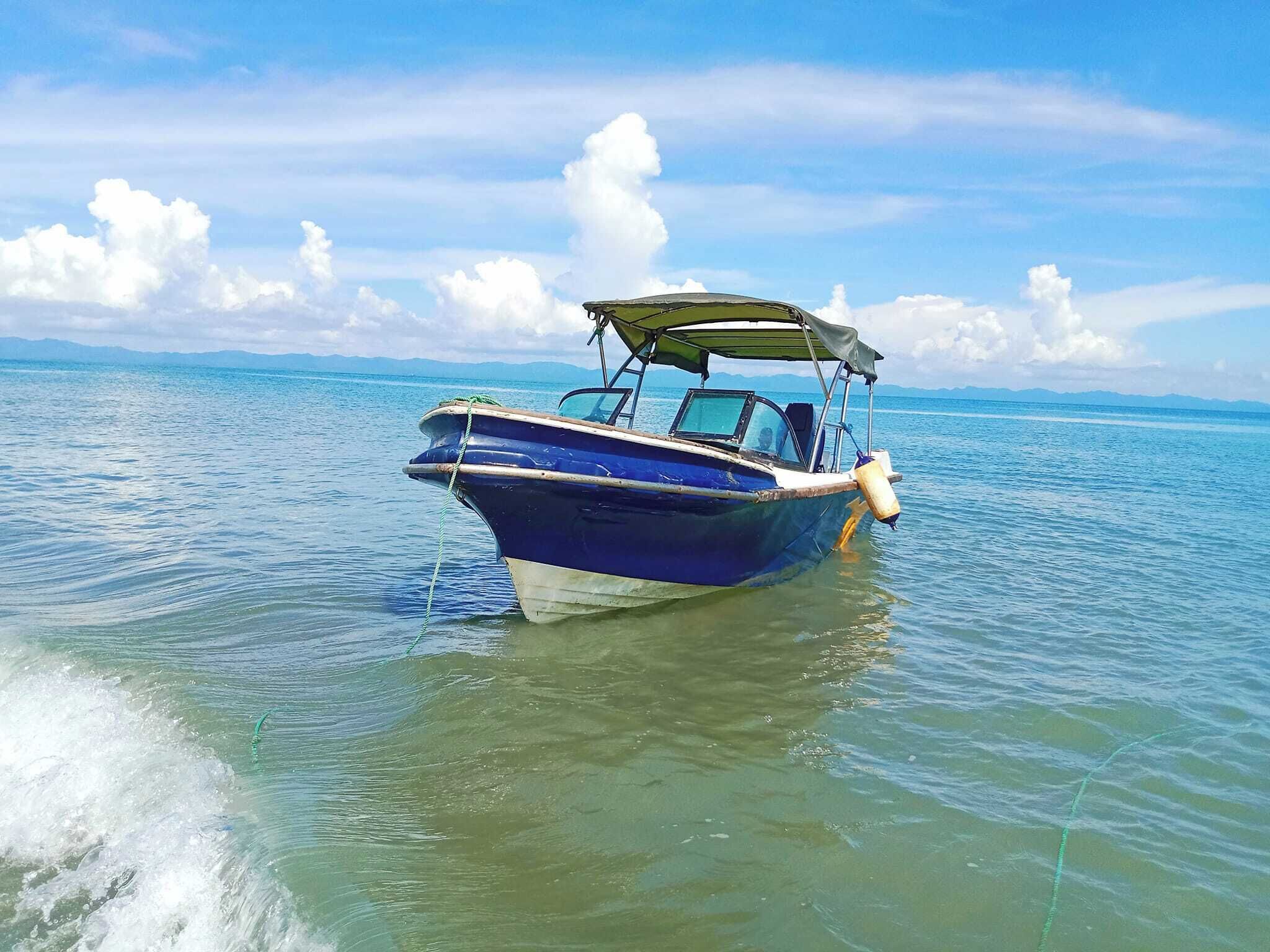 A boat with a canopy, anchored in calm waters with a clear sky and distant mountains.
