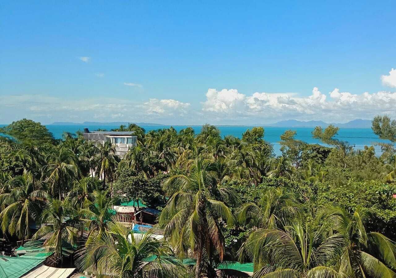 A resort with a pool area surrounded by palm trees and a view of the ocean.