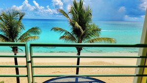 Une vue sur une plage bordée de palmiers et donnant sur un océan bleu et limpide.